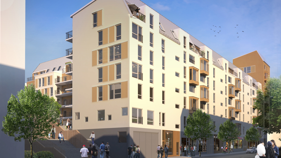 Lägenhetshusfasad sedd från gatan. Bred trappa till vänster om huset, människor i rörelse, visionsbild.