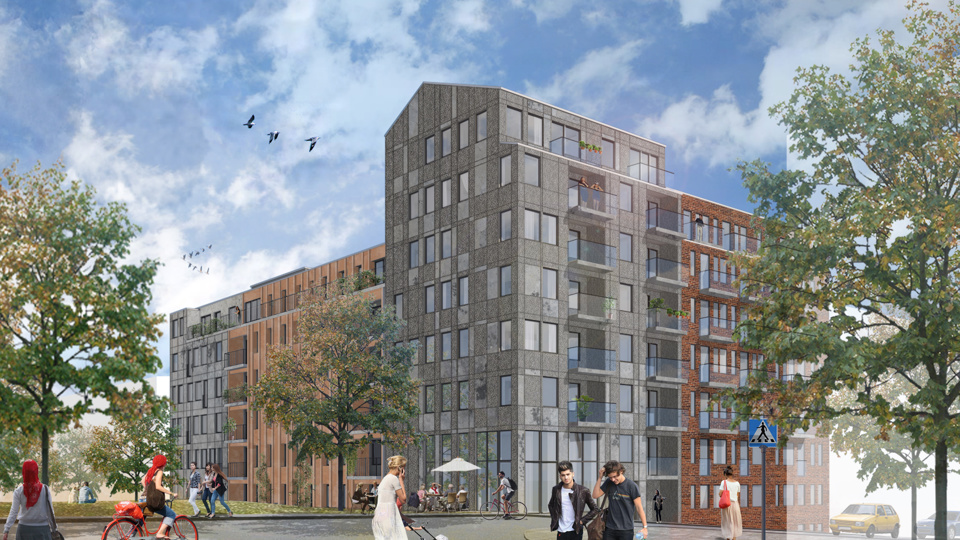 Lägenhetshusfasad i nivåer sedd från gatan, människor i rörelse, visionsbild.