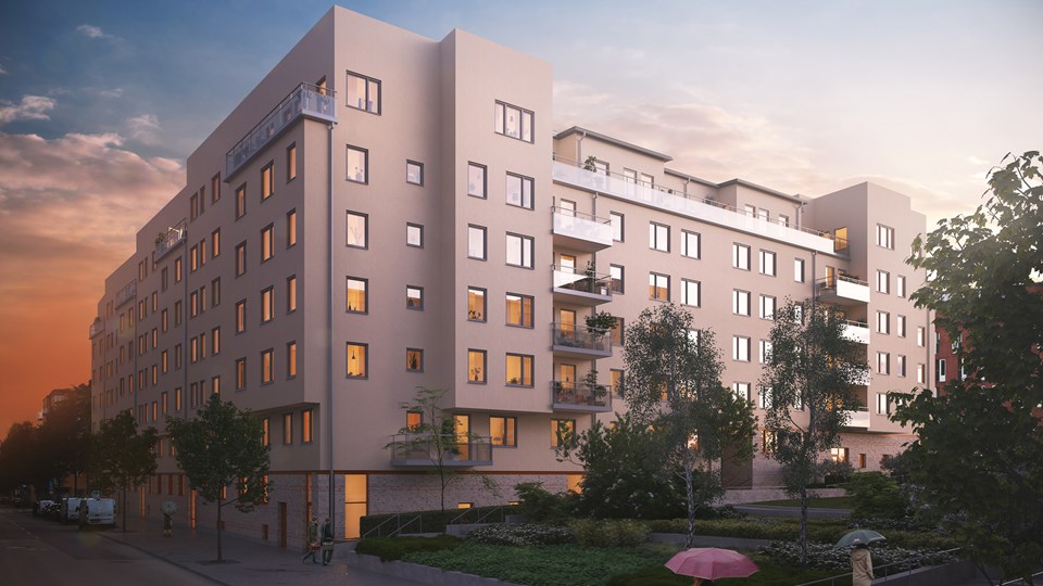 Vy aöver lägenhetshusfasad i grått med balkonger i olika storlek, med liten parkyta till höger, visionsbild.