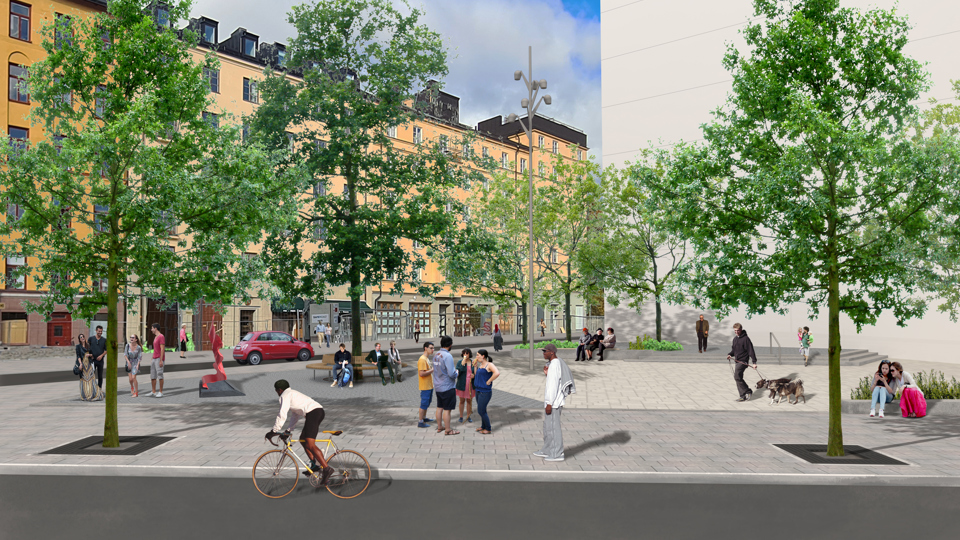 Vy från Bondegatan mot Emilies gata. Träd planterade utmed gator och torgyta.