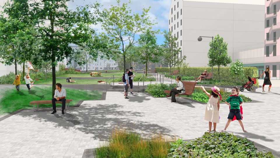 Vy mot väster över förslaget på utformning av Tvätt-Malins park. Till vänster i bilden syns grönytor och träd. I mitten syns stenläggning och trappor som bildar gångvägar genom parken. Till höger syns schematiska teckningar över bostadskvarterbredvid parken. Förslag på placering av sittplatser utmed gångvägar och planteringar genom parken syns också.