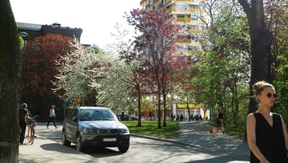 Del av ett högt bostadshus vid en gata och en park med träd. Bilar och människor i rörelse. Illustration