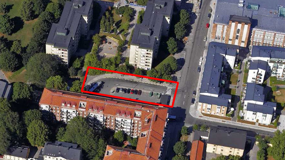 Flygvy över området med planområdet markerat med rött.