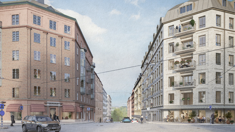 Två stora flerfamiljshus med restauranger i bottenplan.