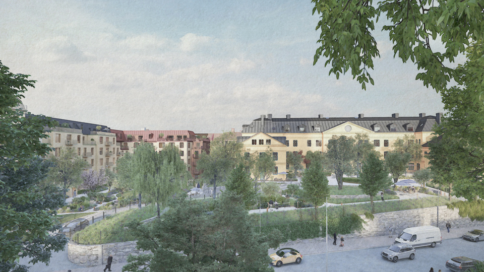 Illustration av äldre flerfamiljshus som delvis är dolda av träd.