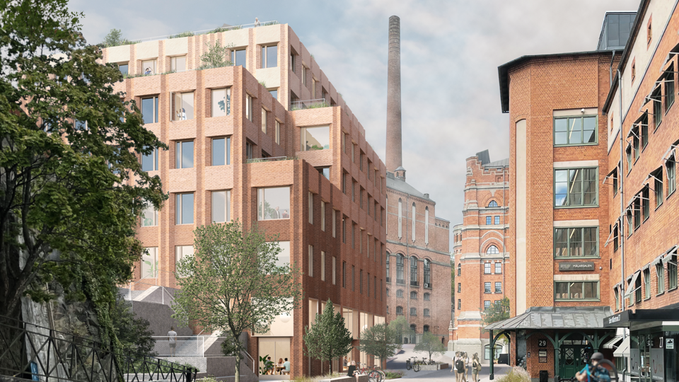 Mellan husen 2.png Vy mot väster mellan det föreslagna gårdshuset till vänster och bryggeribebyggelsen till höger. Illustration: Esencial