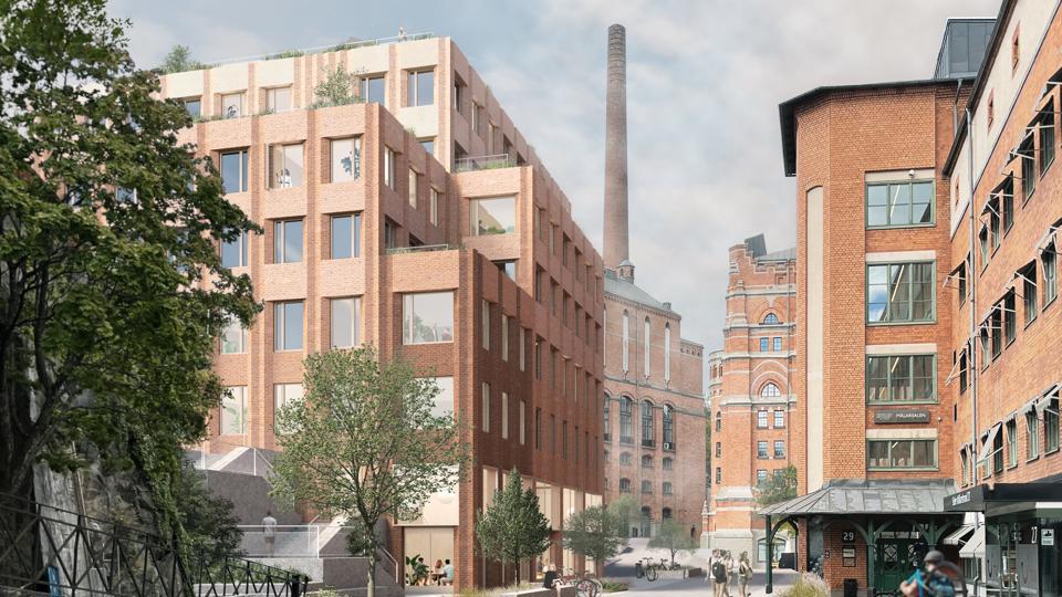 Mellan husen 2.png Vy mot väster mellan det föreslagna gårdshuset till vänster och bryggeribebyggelsen till höger. Illustration: Esencial