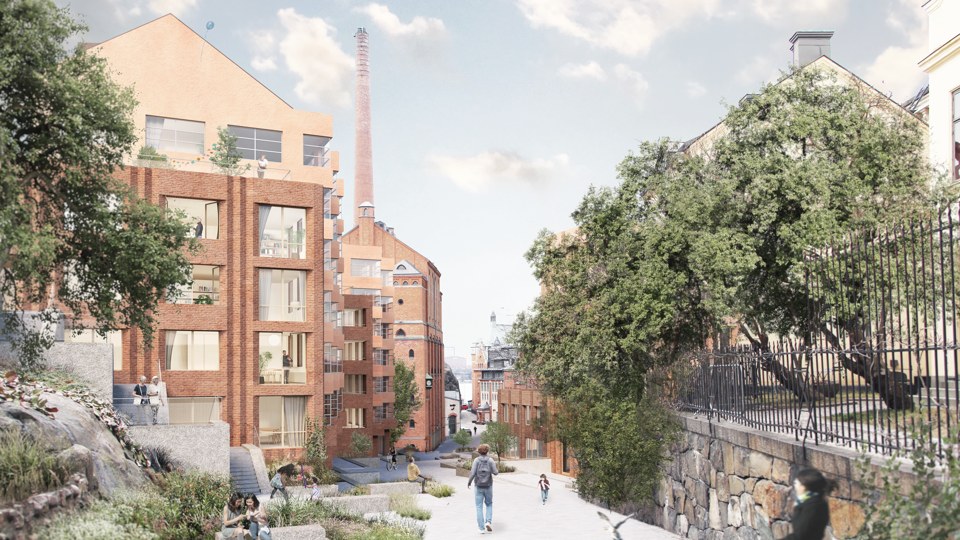 Vy från entrén till området vid Ludvigsbergsgatan. Illustration: Esencial