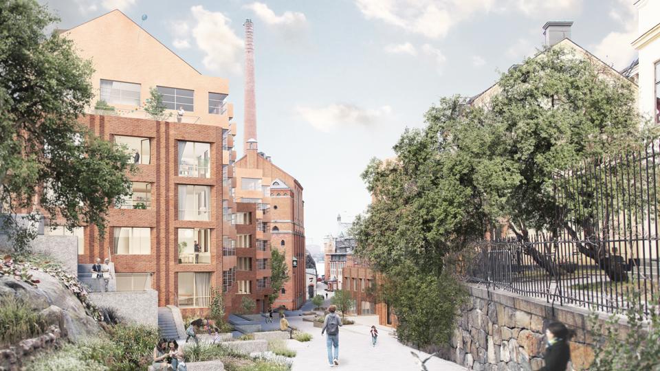 Vy från entrén till området vid Ludvigsbergsgatan. Illustration: Esencial