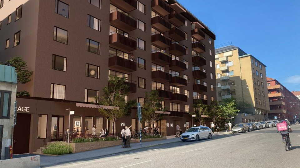 Våningshus med balkonger. Entré och lokaler med glasfasader på bottenvåningen. Bilar parkerade på gatan och människor i rörelse, stadsmiljö, fotomontage.