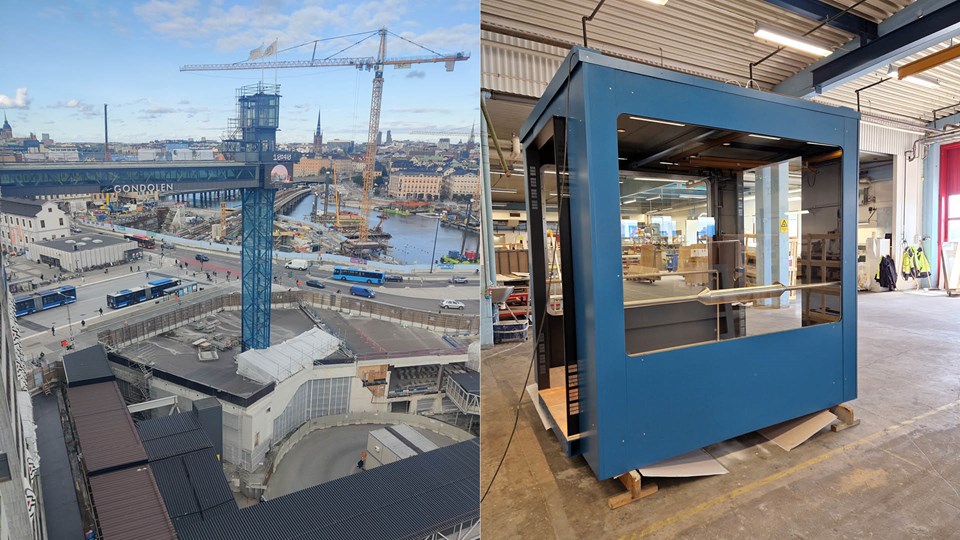 Tvådelad bild. Till vänster Katarinahissen täckt med blå byggnät. Bakom är arbetsområdet vid Slussen. Till höger: En blå hisskorg av stål i en produktionshall.
