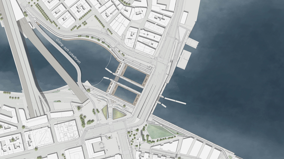 Illustration av nya Slussen, men den nya gång- och cykelbron bredvid tunnelbanebron. Bild: White arkitekter