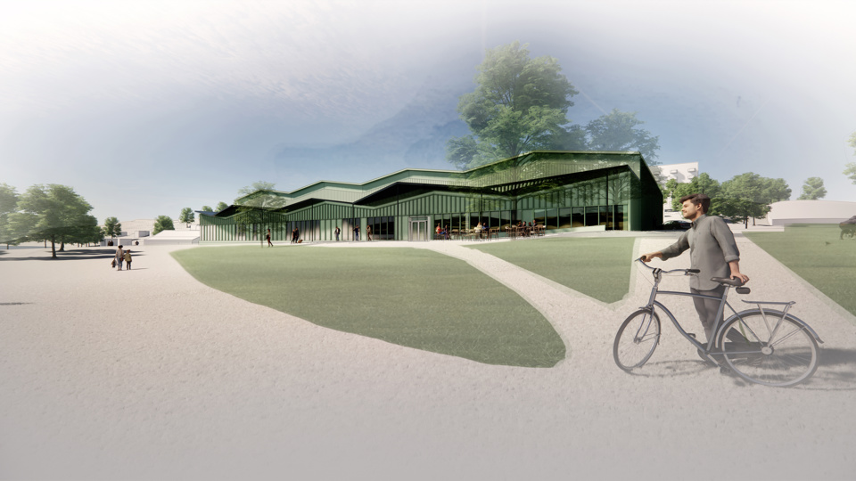 Illustration av en avlång grön byggnad i en stor park med rejäla grusgångar.