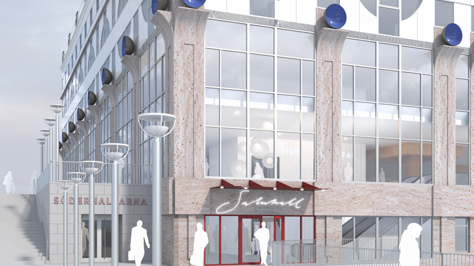 Entré till Söderhallarna från Fatbursparken. Till höger om entrén syns trappor upp till Medborgarplatsen. Människor i rörelse vid entren och fasaden intill. Illustration