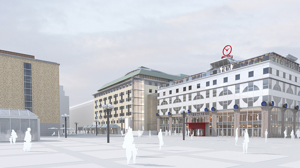 Vy över Medborgarplatsen med Söderhallarna till höger. Medborgarhuset till vänster och mellan husen skymtar andra byggnader. På torget syns människor i rörelse. Illustration