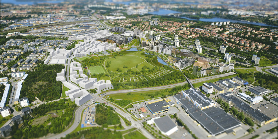Flygbild över området där de nya byggnaderna är utmarkerade.
