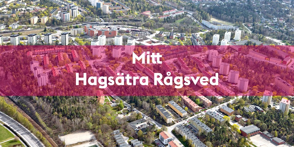 Flygvy över området med en rosa textplatta bakom texten Mitt Hagsätra Rågsved.