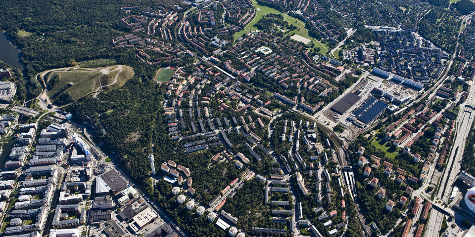 Flygvy över stadsutvecklingsområdet Hammarby-Björkhagen, foto.