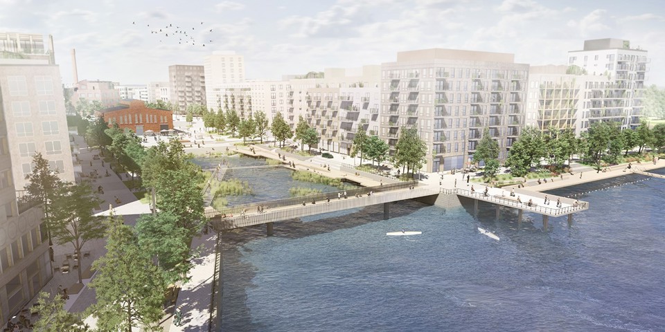 Visualisering. Flerbostadshus som ligger intill vatten. 