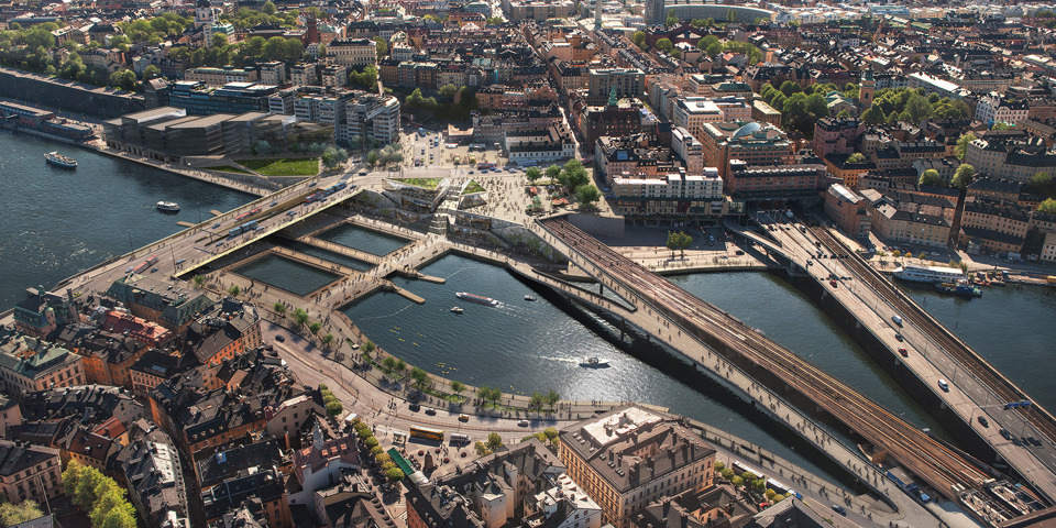 Flygfotografi över Slussen.