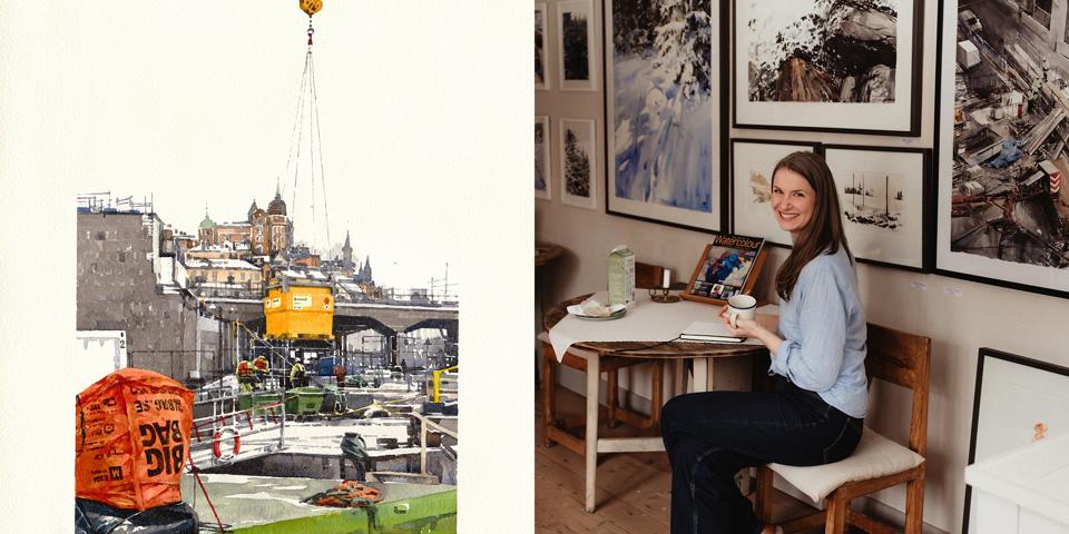 Akvarellbild av Slussen till vänster. Till höger en kvinna med brunt hår som håller i en kopp. 