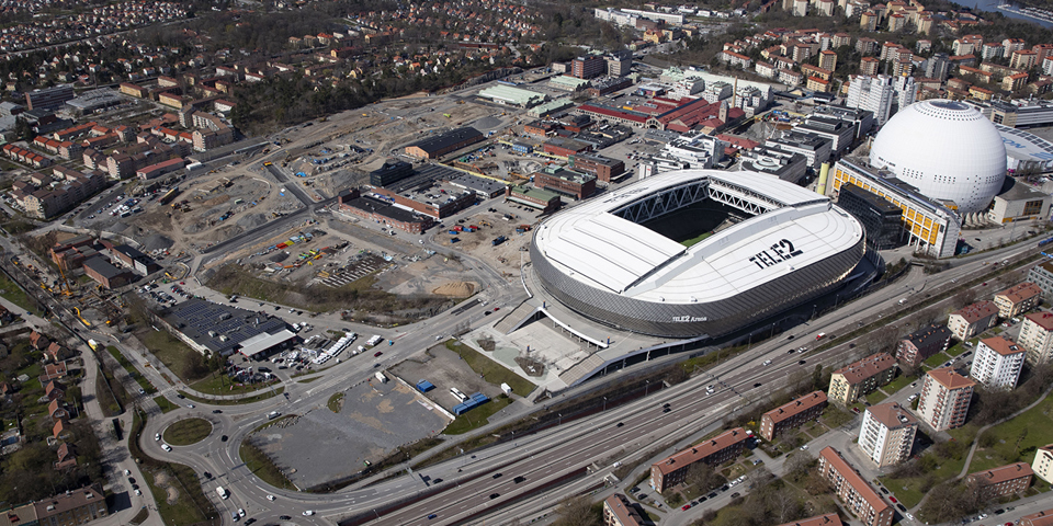 Flygbild över Globenområdet taget våren 2024.