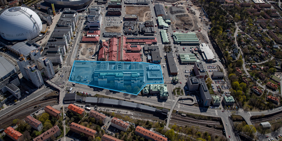 Flygbild över Slakthusområdet med etapp 2E markerad i blått.