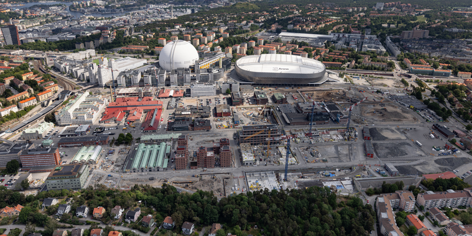 Flygbild över Slakthusområdet i Stockholm, juni 2026