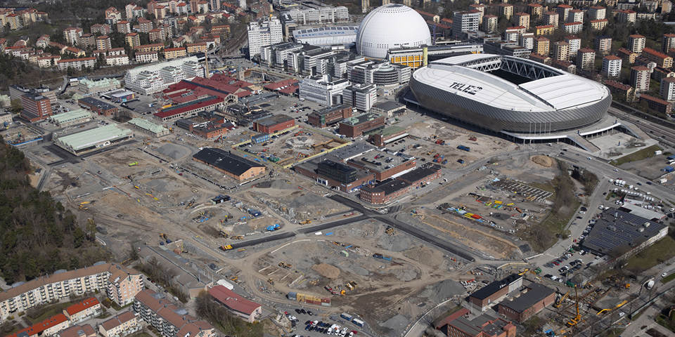 Flygbild tagen våren 2024 över Slakthusområdet.