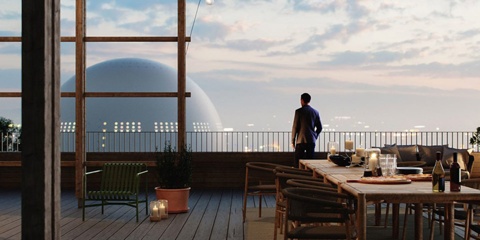 Visionsbild takterrass, byggaktör Svenska hem i Bromma