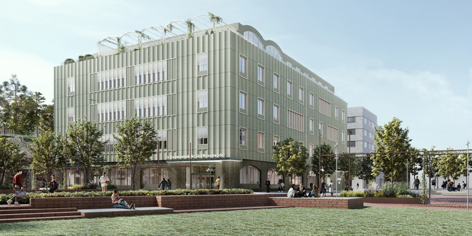Visionsbild på den nya kommunala gymnasieskolan som är den första nya byggnaden, utöver en ny elnästation, som byggs i första etappen. I förgrunden syns parken Fållan som ska stå klar 2026. Illustration: Cedervall arkitekter