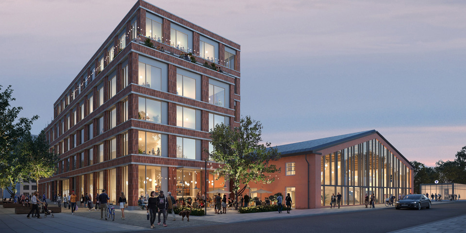 Visionsbild på nya och gamla magasinet som byggs samman genom två våningsplan. Visionsbild: TMRW AIX Arkitekter
