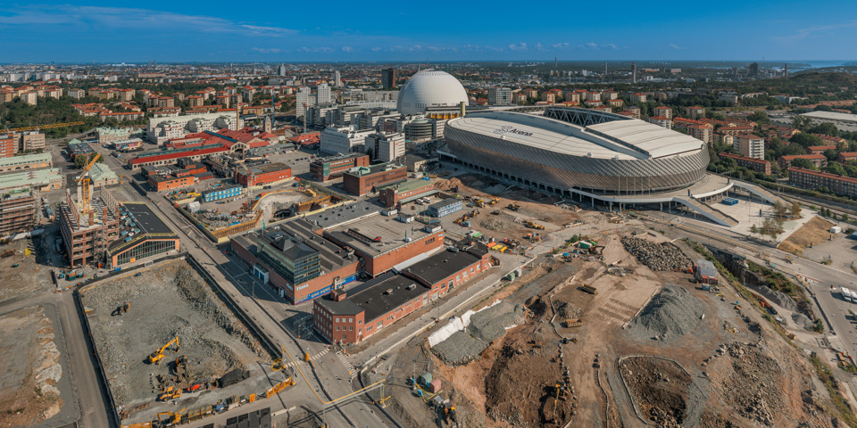 Flygbild över Slakthusområdet norrut, juni 2025.