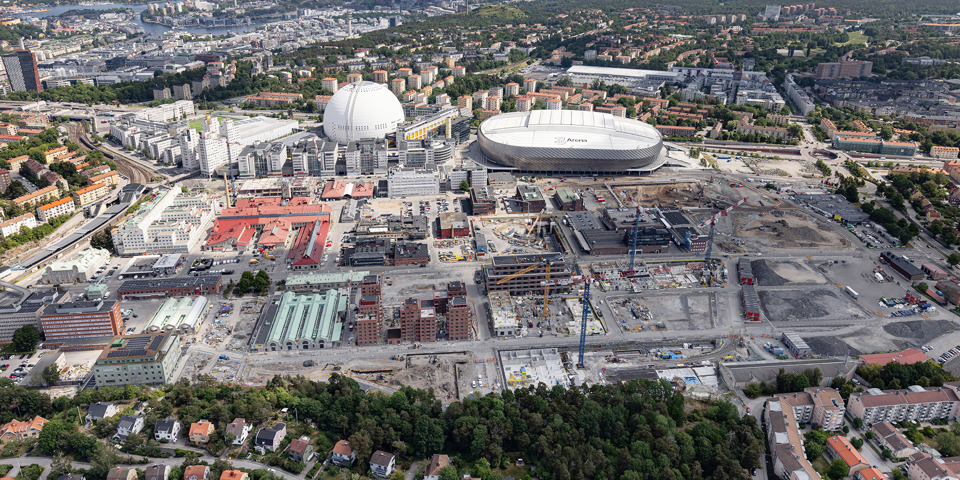 Flygvy över Slakthusområdet med omgivning, juni 2026