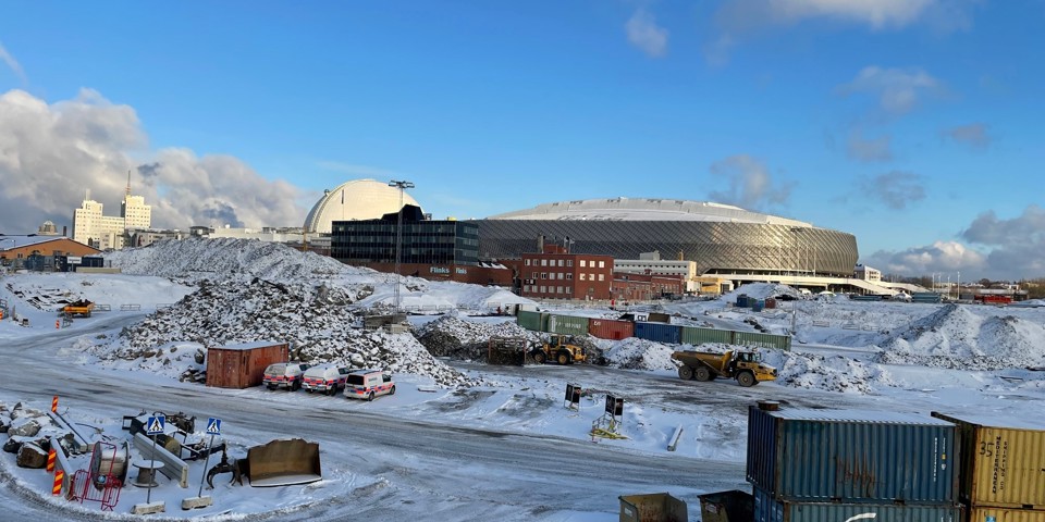 Vy över arbetsområdet i Slakthusområdets södra delar, december 2023.