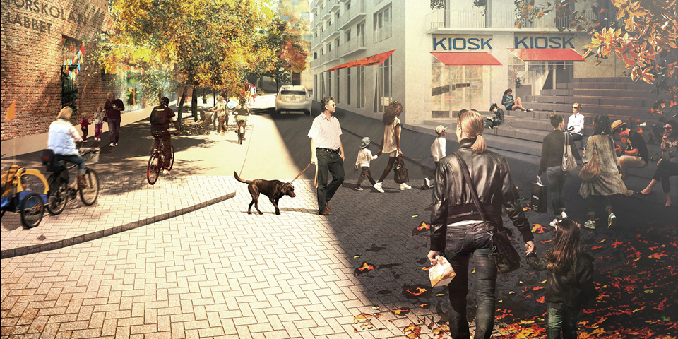 En tegelbyggnad med skyltning som säger Förskolan Labbet. Mittemot ett vitt hus med Kioskskyltar och markiser. Träd och gata med gatusten emellan. Människor som rör sig på gatan, illustration.