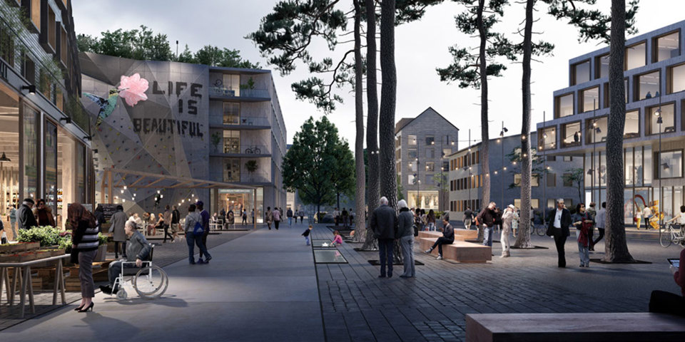 Gågata med människor i rörelse. Längs med gågatan finns det flera träd och hus i varierande form med verksamheter på bottenplan, illustration.