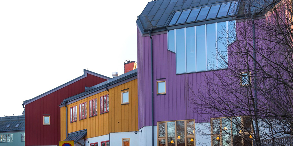 Grönt hus, rött hus, gult hus och lila hus. Foto.