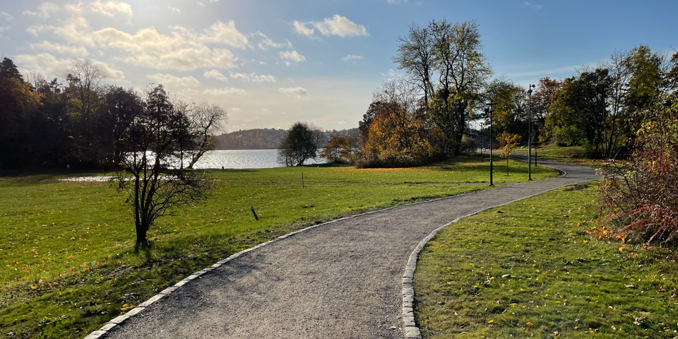 En bred grusgång som slingrar sig genom en park ned mot vattnet.