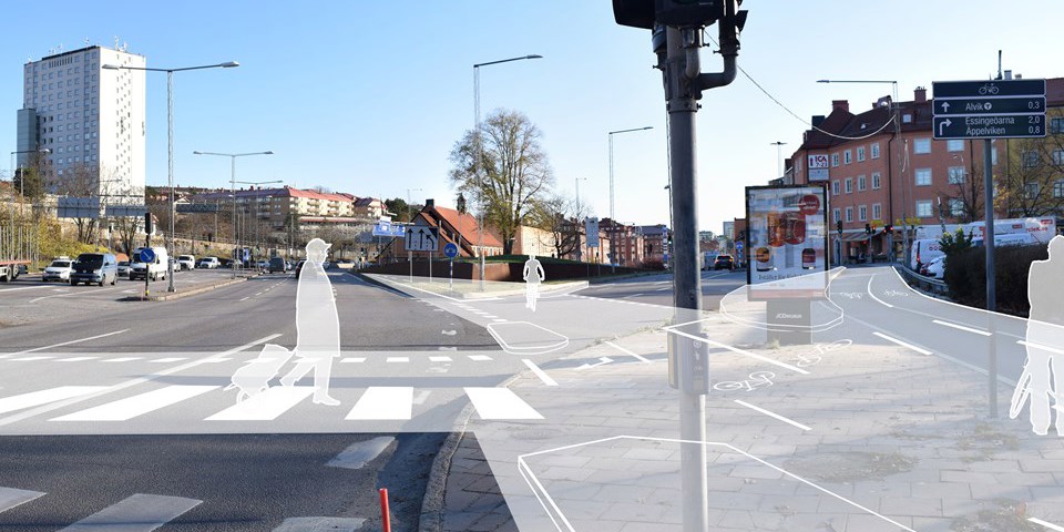 Gata med övergångsställe och trafikljus. Illustrerade personer som går på trottoar, cyklar och korsar övergångsställe  Illustration.