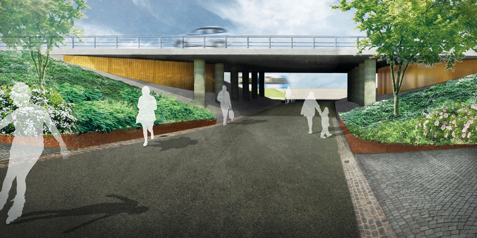 Gångtunnel, människor i rörelse, illustration.