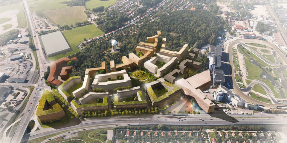 Flygvy över planområdet med ny bebyggelse, illustration.