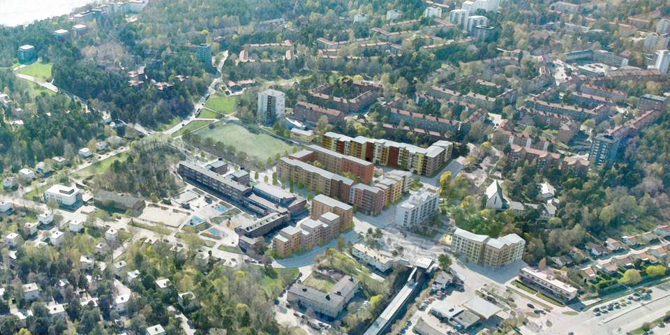 Vy uppifrån, som ett flygfoto. Flera bostadsområden, grönområde kring bostäderna, vägar och vatten i anslutning,, illustration.