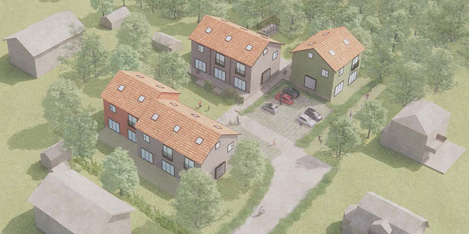 Flygvy över två radhus och parhus som ligger intill varandra. Träd, grönska och andra byggnader runt husen. Illustration