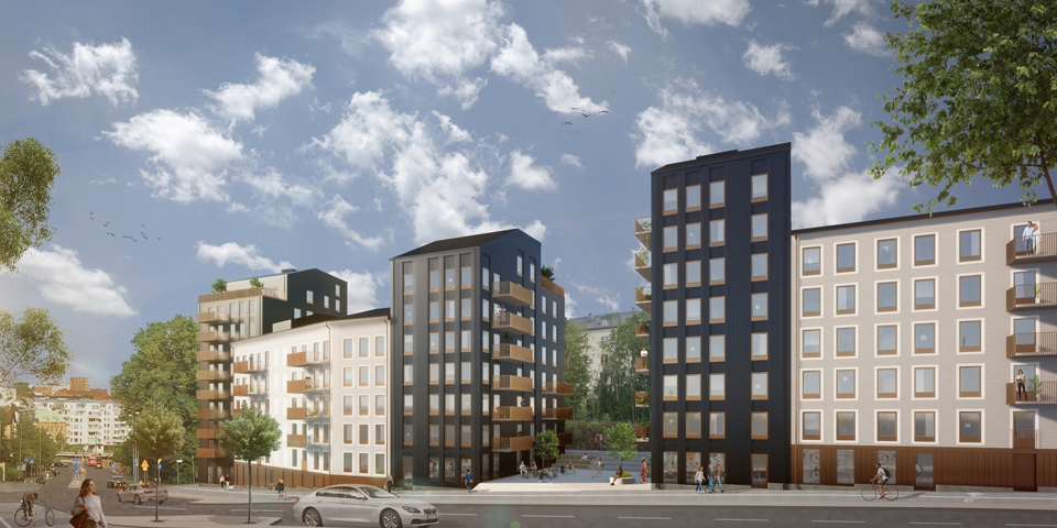 Hus sett från Bällstavägen. Flera hus i rad med 5-10 våningar. Illustration
