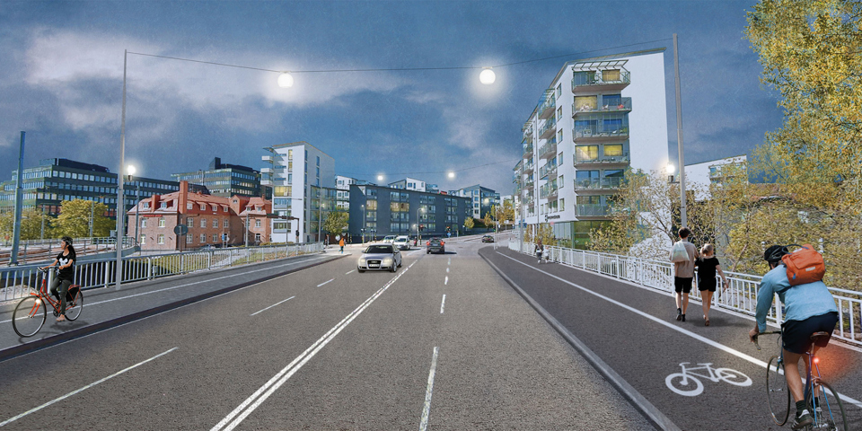 Cyklister som cyklar på cykelbanor utmed väg över en bro. Människor som promenerar, illustration.