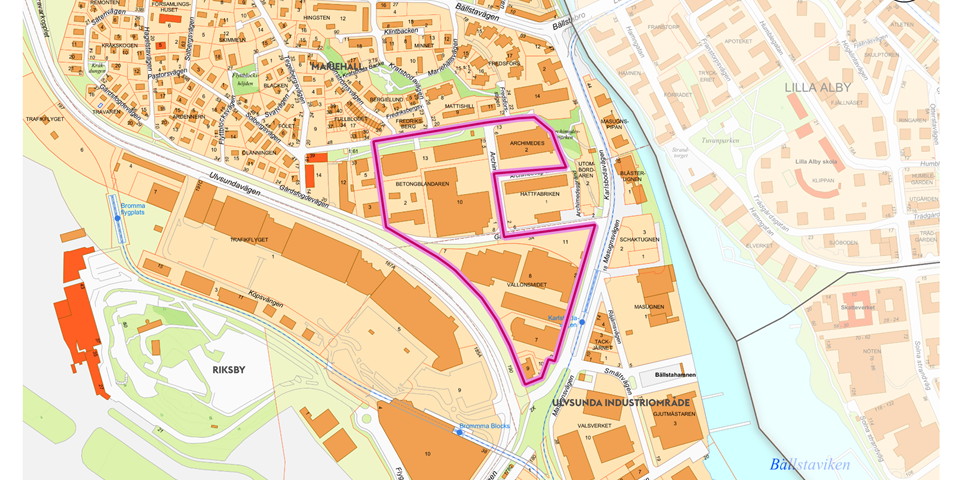 Kartbild över Riksby, Mariehäll och Ulvsunda industriområde. Planområde utmarkerat med lila linje på kartan.