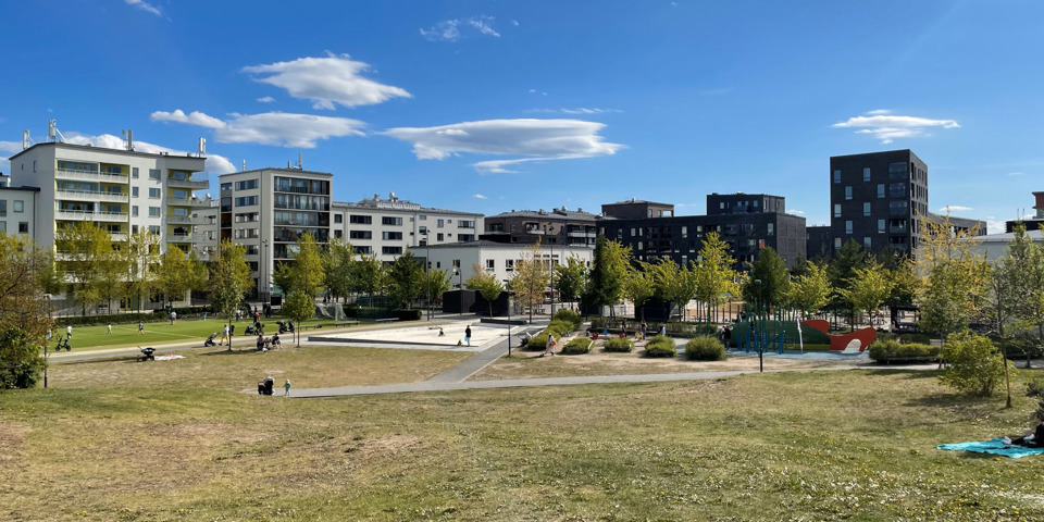 Gräsplätt och längre bort fotbollsplan, lekpark och vita och svarta flerbostadshus.