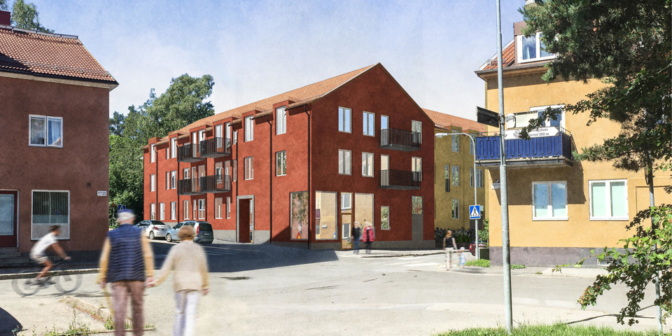 Rödbrunt flerbostadshus mellan andra färgglada hus vid korsning. I förgrunden promenerande par, illustration. 