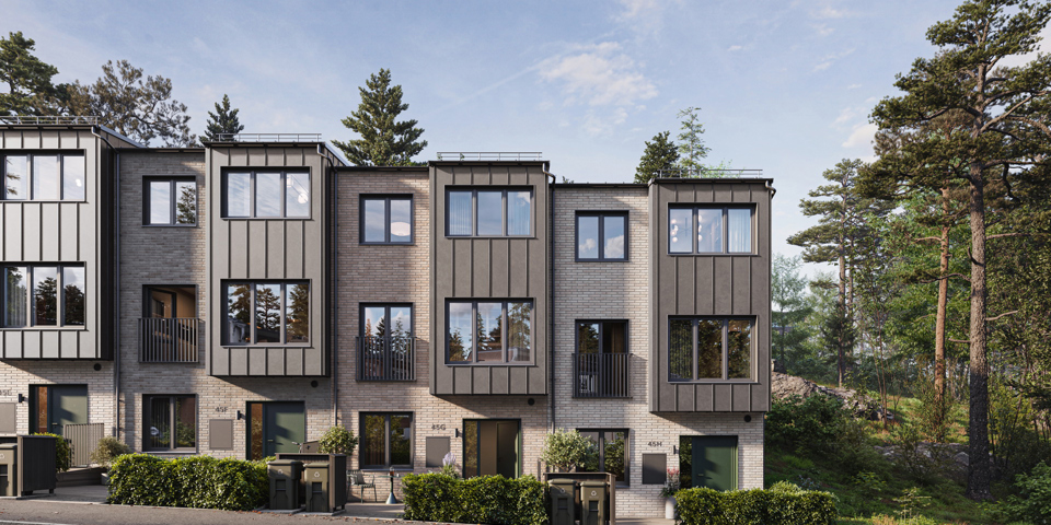 Illustrationen visar radhusen och dess entréer från gatan. 